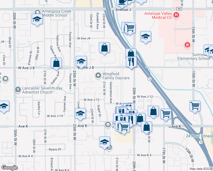 map of restaurants, bars, coffee shops, grocery stores, and more near 43854 21st Street West in Lancaster