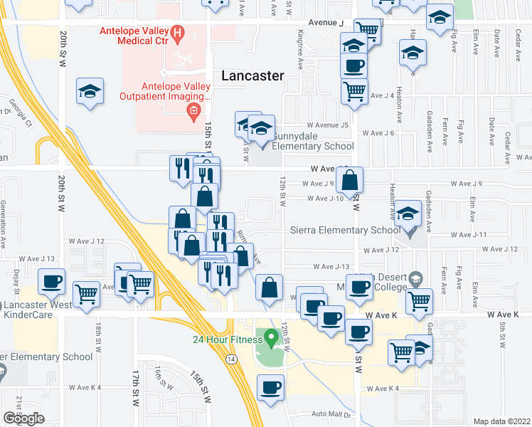 map of restaurants, bars, coffee shops, grocery stores, and more near 1225 Meadow View Lane in Lancaster