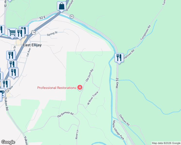 map of restaurants, bars, coffee shops, grocery stores, and more near 223 Old Orchard Road in Ellijay