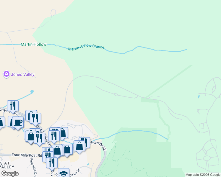 map of restaurants, bars, coffee shops, grocery stores, and more near 227-1561 Ledges Drive in Huntsville