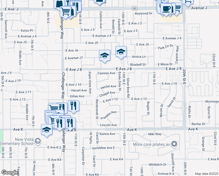 map of restaurants, bars, coffee shops, grocery stores, and more near 1308 Herzel Avenue in Lancaster