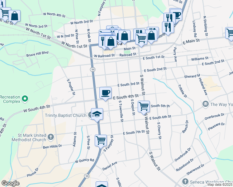 map of restaurants, bars, coffee shops, grocery stores, and more near 310 South Townville Street in Seneca