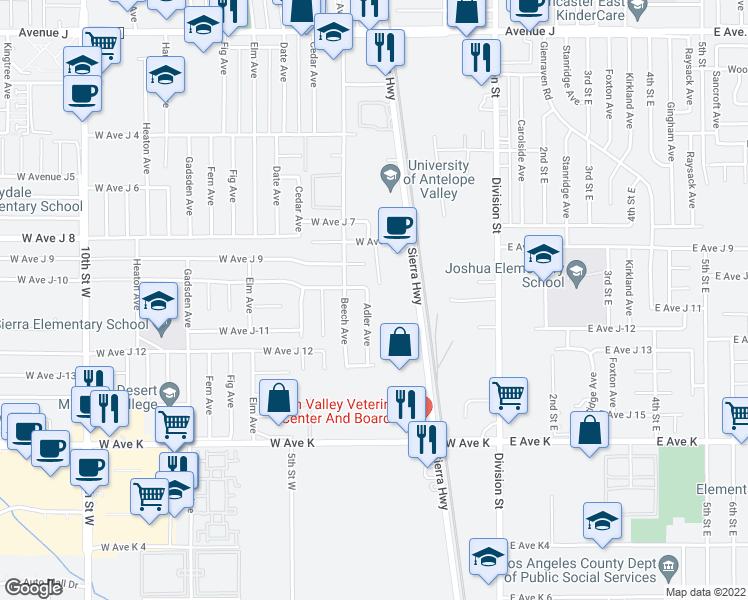 map of restaurants, bars, coffee shops, grocery stores, and more near 43850 Adler Avenue in Lancaster