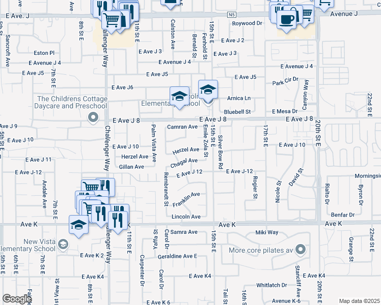 map of restaurants, bars, coffee shops, grocery stores, and more near 1308 Herzel Avenue in Lancaster