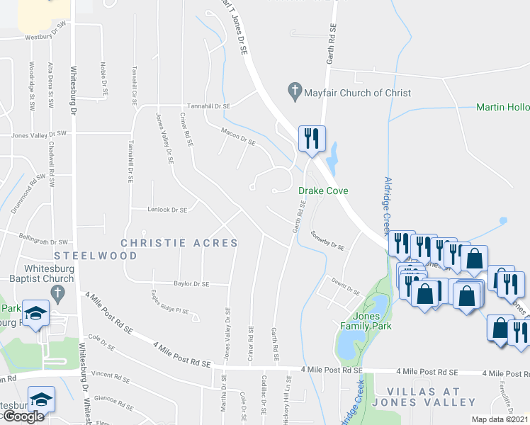 map of restaurants, bars, coffee shops, grocery stores, and more near 931 Whiting Drive Southeast in Huntsville