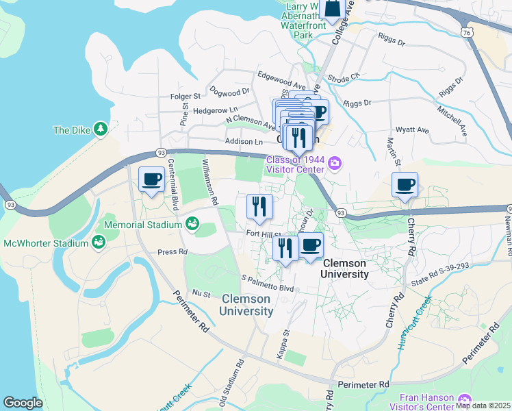 map of restaurants, bars, coffee shops, grocery stores, and more near in Clemson