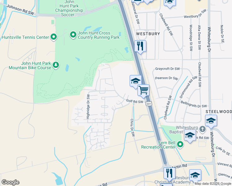 map of restaurants, bars, coffee shops, grocery stores, and more near 2323 Golf Road Southwest in Huntsville