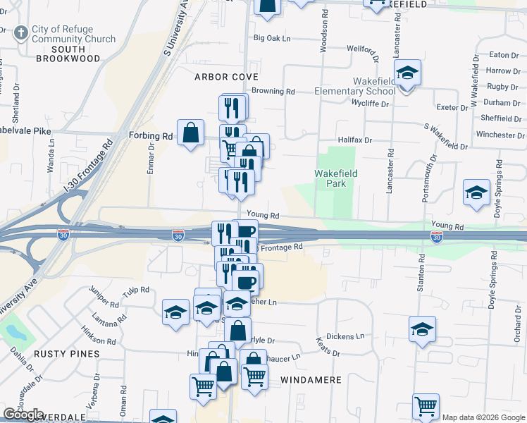 map of restaurants, bars, coffee shops, grocery stores, and more near 5901 Young Road in Little Rock