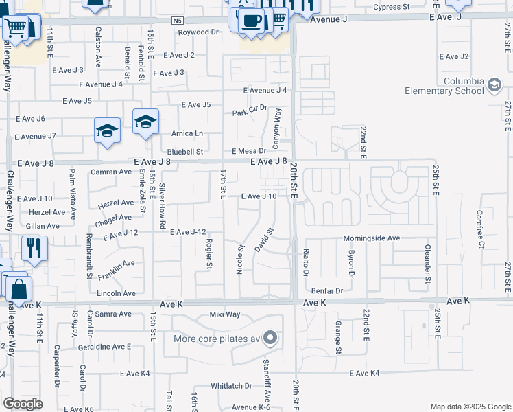 map of restaurants, bars, coffee shops, grocery stores, and more near 43844 Nicole Street in Lancaster