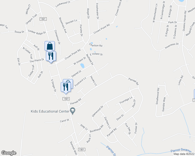 map of restaurants, bars, coffee shops, grocery stores, and more near 502 Nutfield Drive in Hubert
