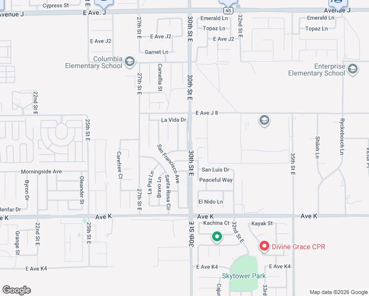 map of restaurants, bars, coffee shops, grocery stores, and more near 43841 30th Street East in Lancaster