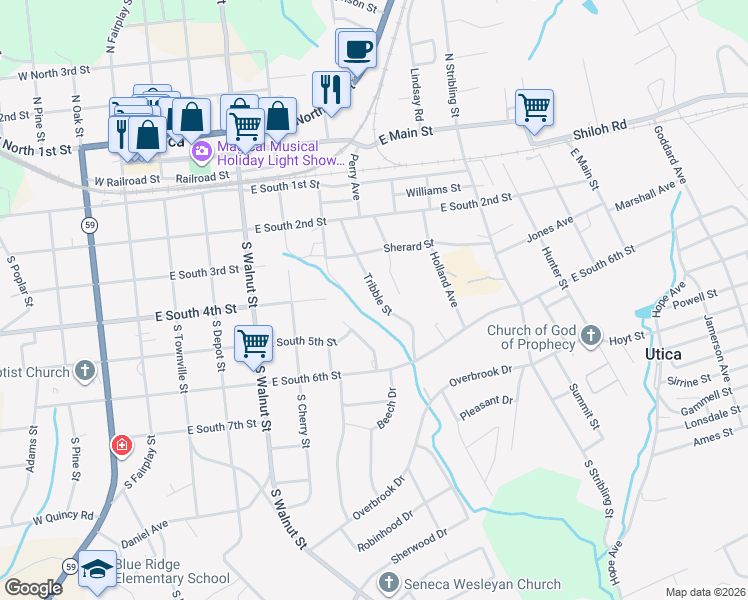 map of restaurants, bars, coffee shops, grocery stores, and more near 404 Tribble Street in Seneca