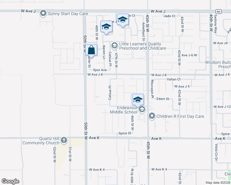 map of restaurants, bars, coffee shops, grocery stores, and more near 43851 47th Street West in Lancaster