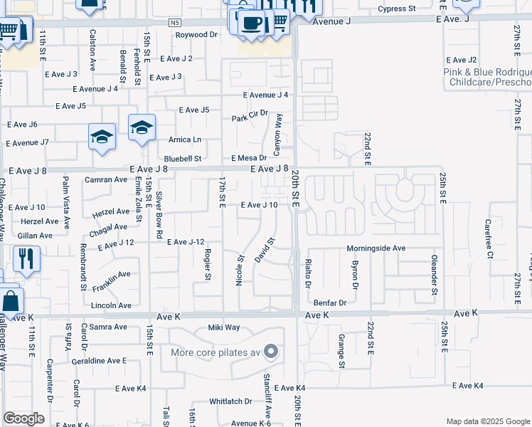 map of restaurants, bars, coffee shops, grocery stores, and more near 43844 Nicole Street in Lancaster