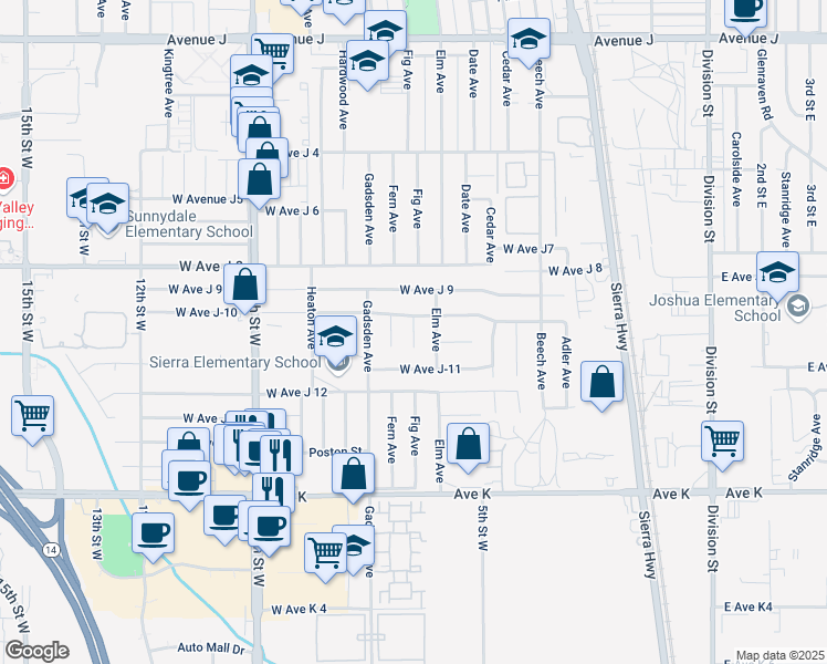 map of restaurants, bars, coffee shops, grocery stores, and more near 43858 Fig Avenue in Lancaster