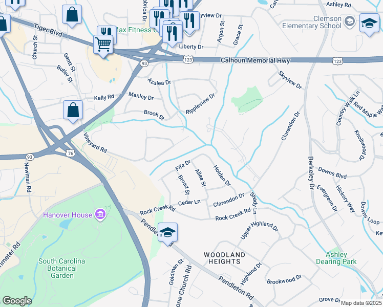 map of restaurants, bars, coffee shops, grocery stores, and more near 503 Fife Drive in Clemson