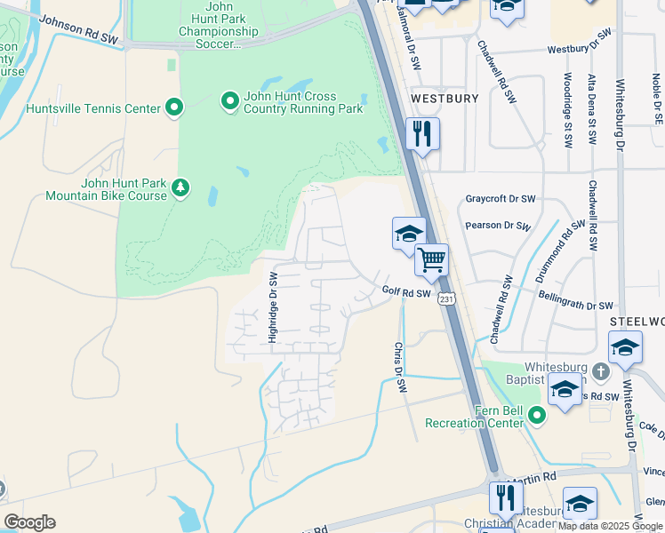 map of restaurants, bars, coffee shops, grocery stores, and more near 2323 Golf Road Southwest in Huntsville