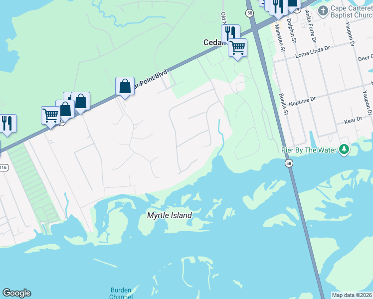 map of restaurants, bars, coffee shops, grocery stores, and more near 113-199 Lookout Ridge in Cedar Point