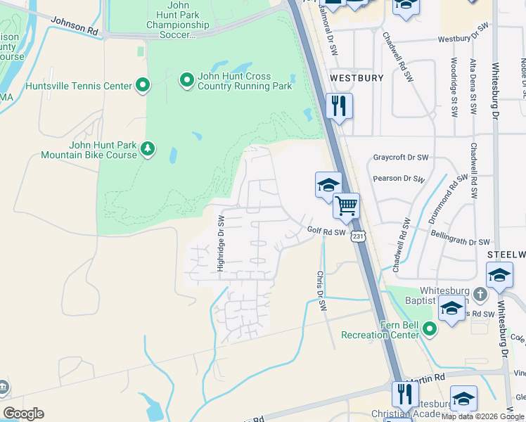 map of restaurants, bars, coffee shops, grocery stores, and more near 3929 Highridge Drive Southwest in Huntsville