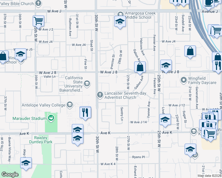 map of restaurants, bars, coffee shops, grocery stores, and more near 43856 Windsor Place in Lancaster