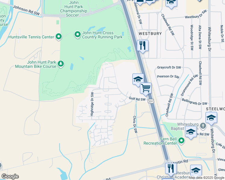 map of restaurants, bars, coffee shops, grocery stores, and more near 2323 Golf Road Southwest in Huntsville