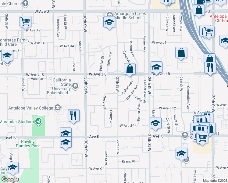 map of restaurants, bars, coffee shops, grocery stores, and more near 2711 Secure Place in Lancaster