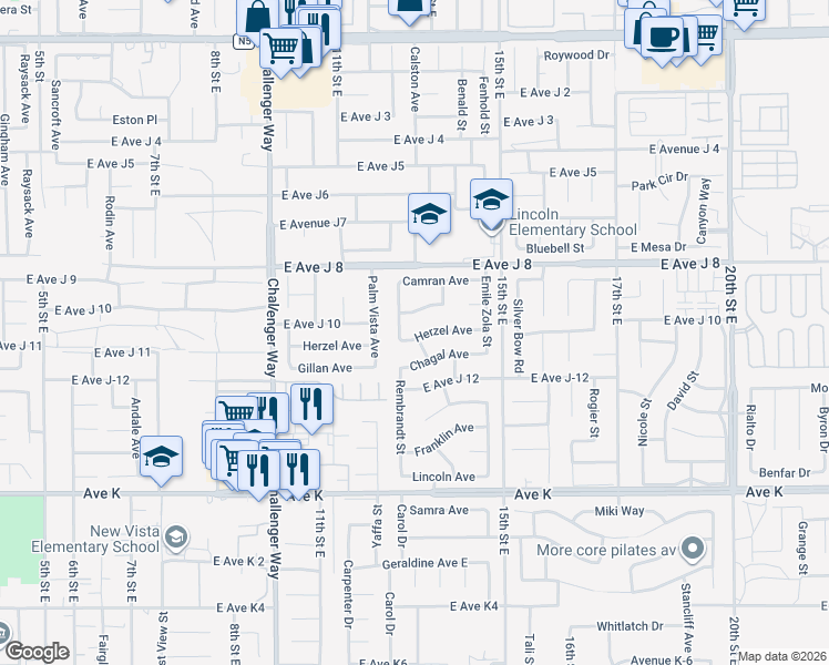map of restaurants, bars, coffee shops, grocery stores, and more near 1221 Herzel Avenue in Lancaster
