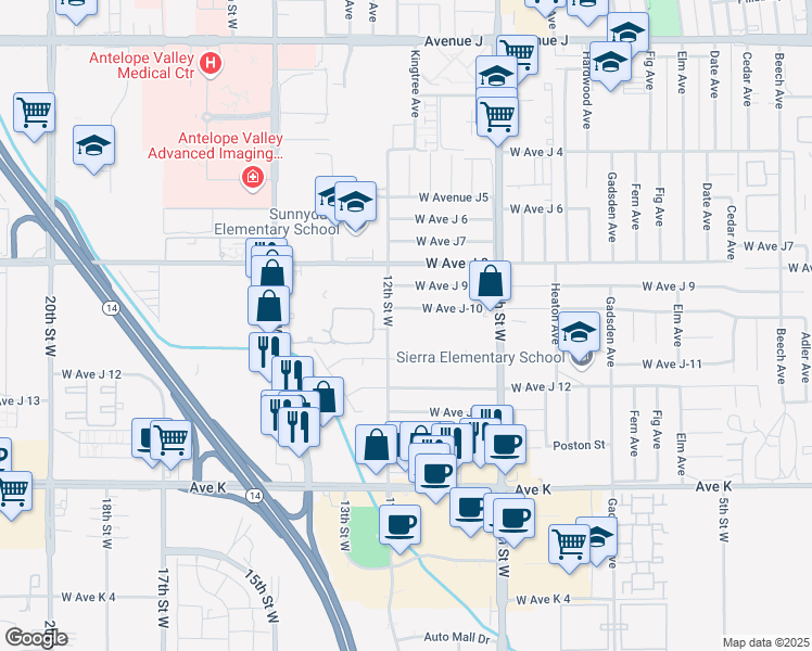 map of restaurants, bars, coffee shops, grocery stores, and more near 12th Street East in Lancaster