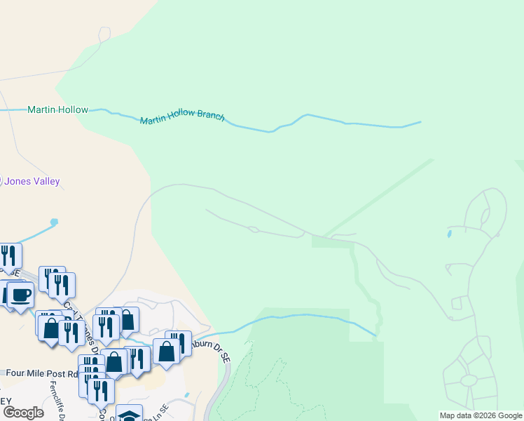 map of restaurants, bars, coffee shops, grocery stores, and more near 1563 Ledges Drive in Huntsville