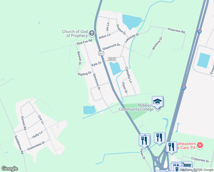 map of restaurants, bars, coffee shops, grocery stores, and more near 5207 Fayetteville Road in Lumberton