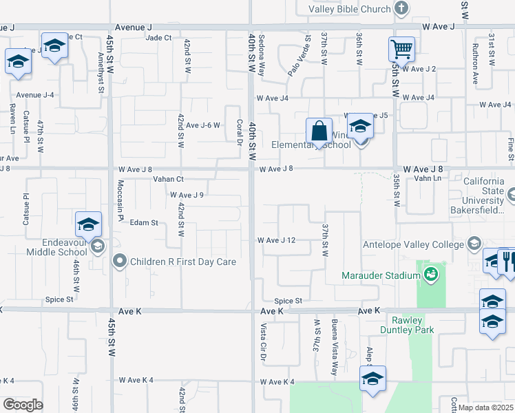 map of restaurants, bars, coffee shops, grocery stores, and more near 3855 West Avenue J-10 in Lancaster