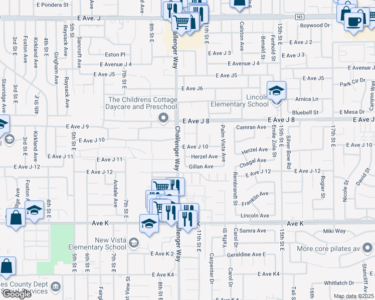 map of restaurants, bars, coffee shops, grocery stores, and more near 1020 East Avenue J 10 in Lancaster