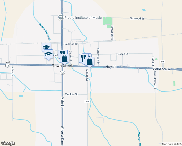 map of restaurants, bars, coffee shops, grocery stores, and more near in Town Creek
