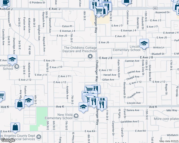 map of restaurants, bars, coffee shops, grocery stores, and more near 1020 East Avenue J 10 in Lancaster