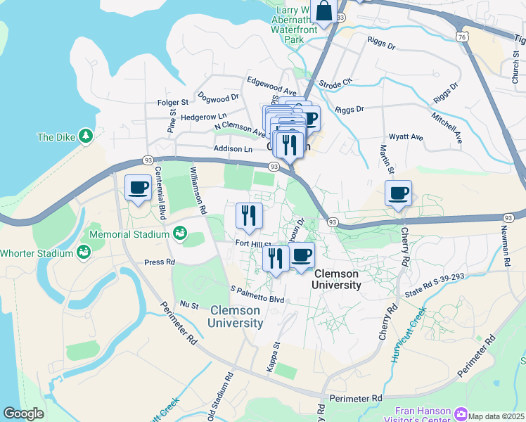 map of restaurants, bars, coffee shops, grocery stores, and more near Alpha Beta Circle in Clemson