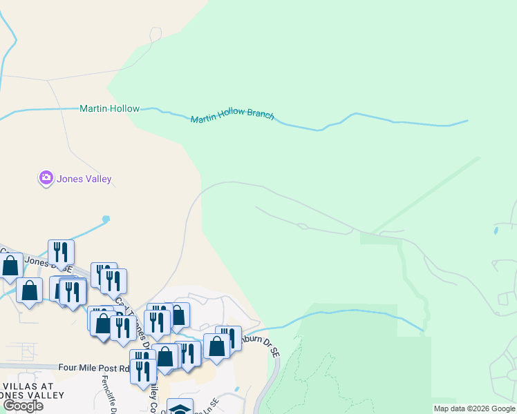 map of restaurants, bars, coffee shops, grocery stores, and more near 4950 Ledges Drive in Huntsville