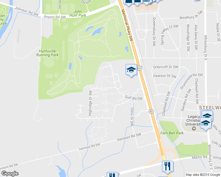 map of restaurants, bars, coffee shops, grocery stores, and more near 3929 Highridge Drive Southwest in Huntsville