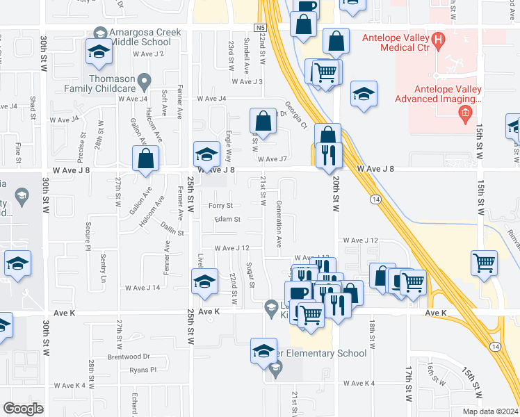map of restaurants, bars, coffee shops, grocery stores, and more near 2100 Forry Street in Lancaster