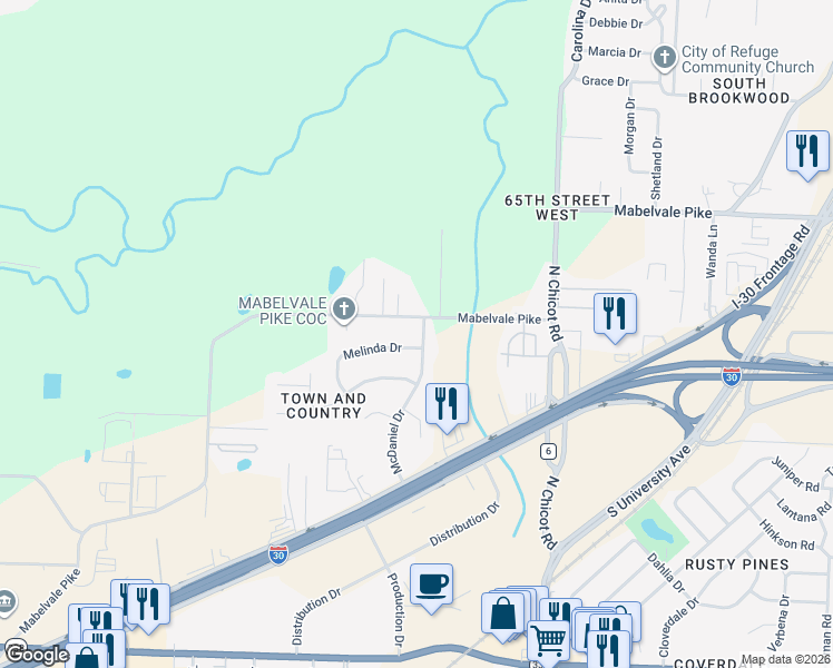 map of restaurants, bars, coffee shops, grocery stores, and more near 2 Melinda Drive in Little Rock