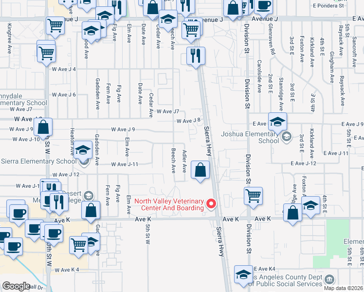 map of restaurants, bars, coffee shops, grocery stores, and more near 43857 Adler Avenue in Lancaster