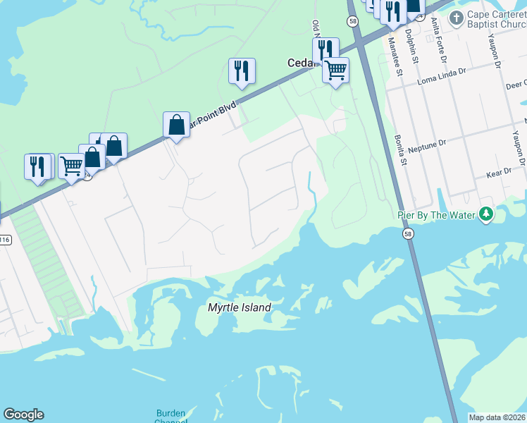 map of restaurants, bars, coffee shops, grocery stores, and more near 113 Lookout Ridge in Cedar Point