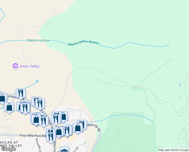 map of restaurants, bars, coffee shops, grocery stores, and more near 4950 Ledges Drive in Huntsville