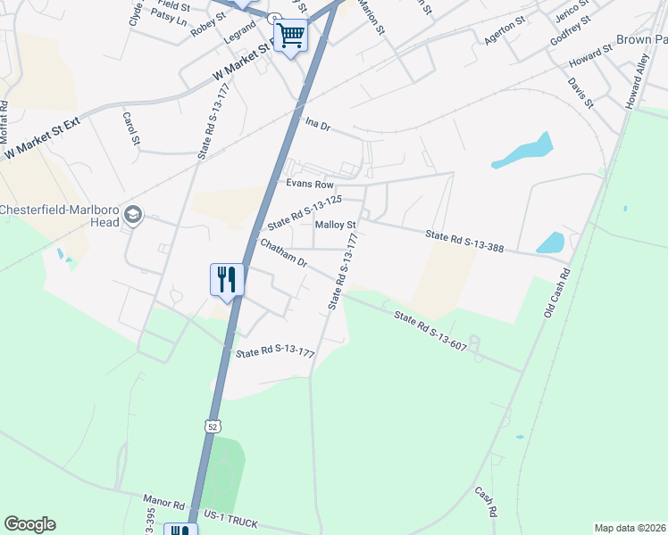map of restaurants, bars, coffee shops, grocery stores, and more near 56 Chatham Drive in Cheraw