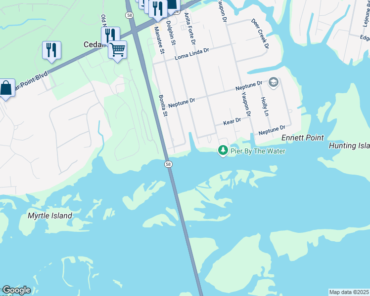 map of restaurants, bars, coffee shops, grocery stores, and more near 206 Bogue Lane in Cape Carteret