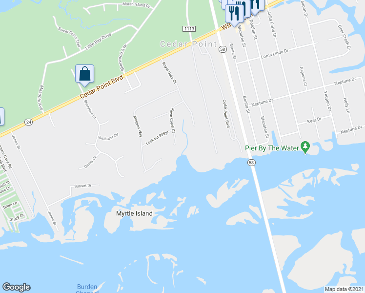 map of restaurants, bars, coffee shops, grocery stores, and more near 123 Fawn Creek Court in Cedar Point