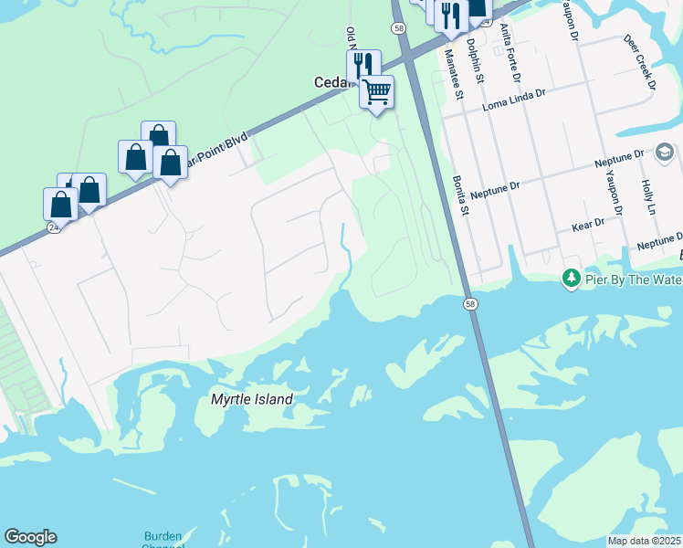 map of restaurants, bars, coffee shops, grocery stores, and more near 123 Fawn Creek Court in Cedar Point
