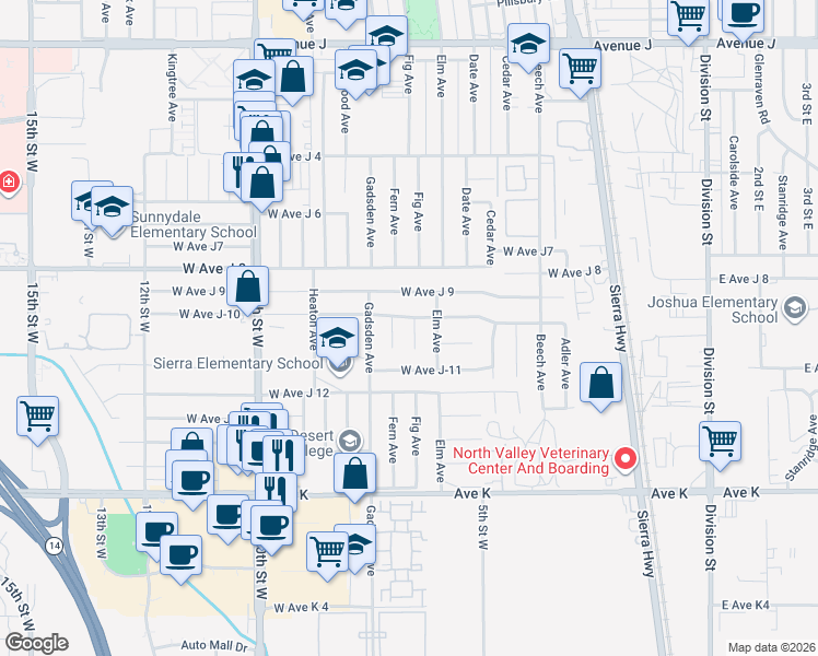 map of restaurants, bars, coffee shops, grocery stores, and more near 43873 Fig Avenue in Lancaster