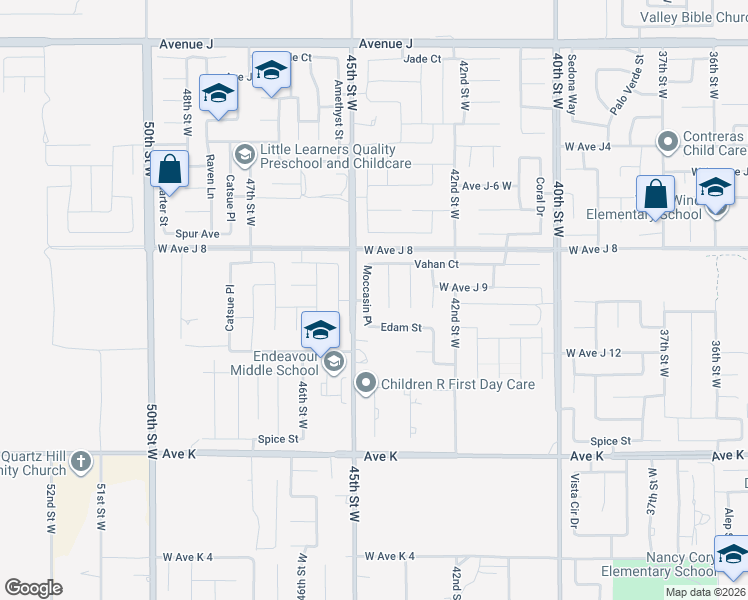 map of restaurants, bars, coffee shops, grocery stores, and more near 43890 Moccasin Place in Lancaster
