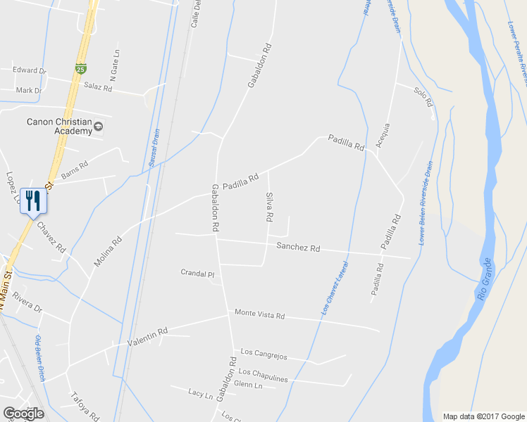 map of restaurants, bars, coffee shops, grocery stores, and more near 1225 Silva Road in Belen