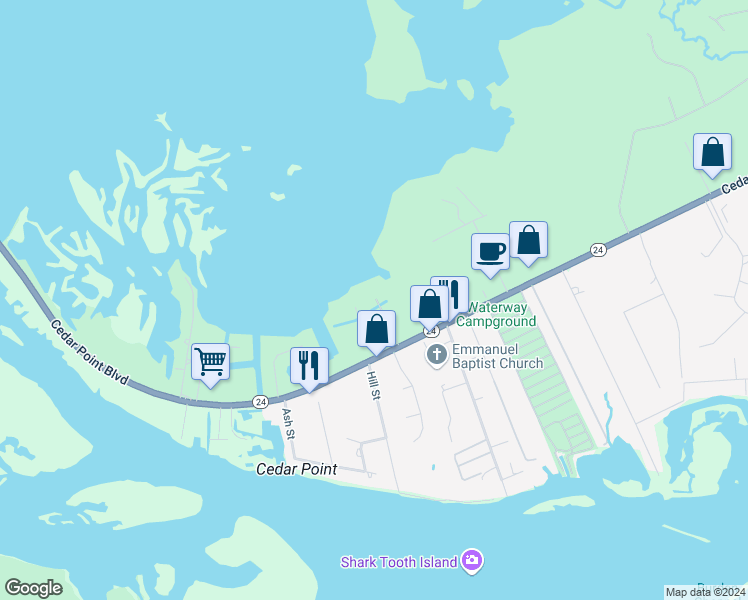 map of restaurants, bars, coffee shops, grocery stores, and more near 515 Cedar Point Boulevard in Cedar Point